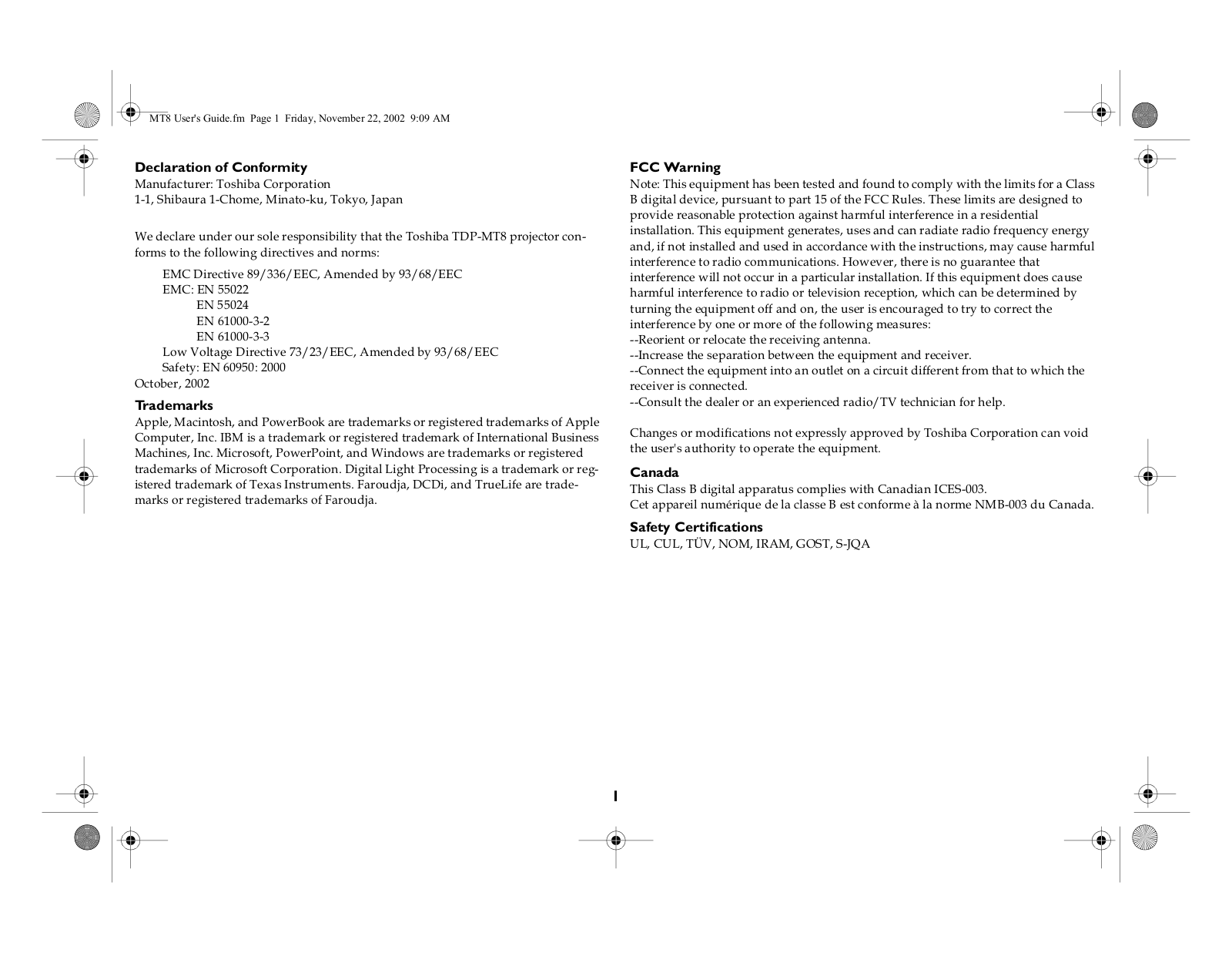 Toshiba TDP-MT8U User Manual