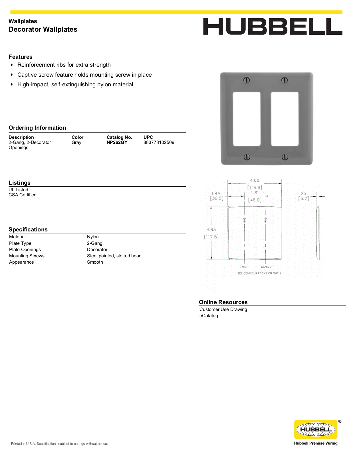 Hubbell NP262GY Specifications