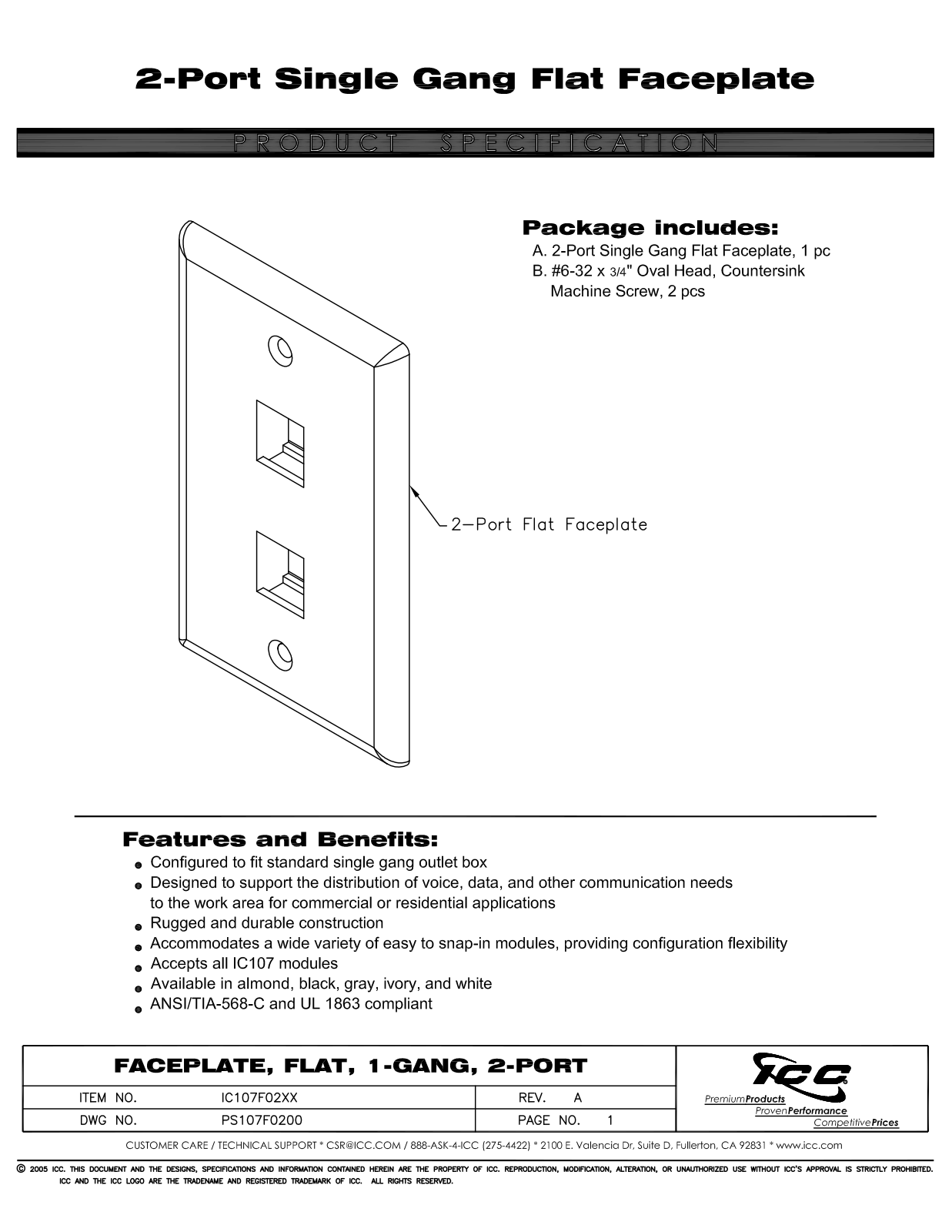 ICC IC107F02AL, IC107F02BK, IC107F02GY, IC107F02IV, IC107F02WH Specsheet