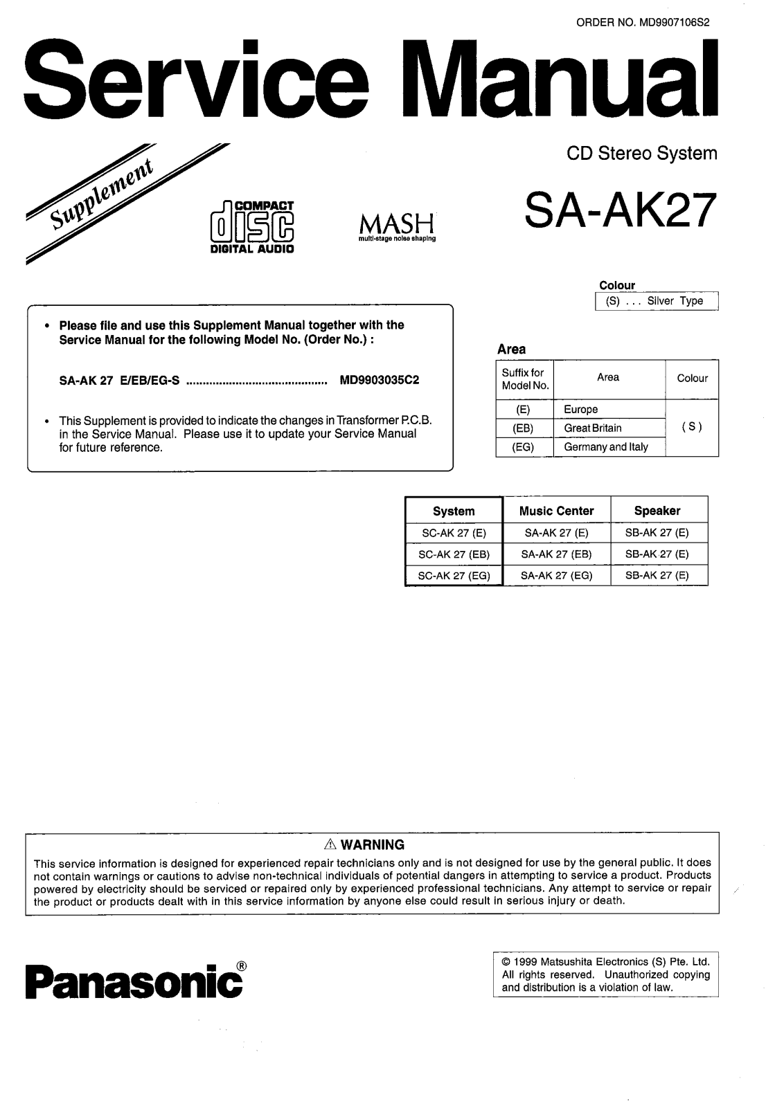 Panasonic SA-AK27 Service Manual Supplement