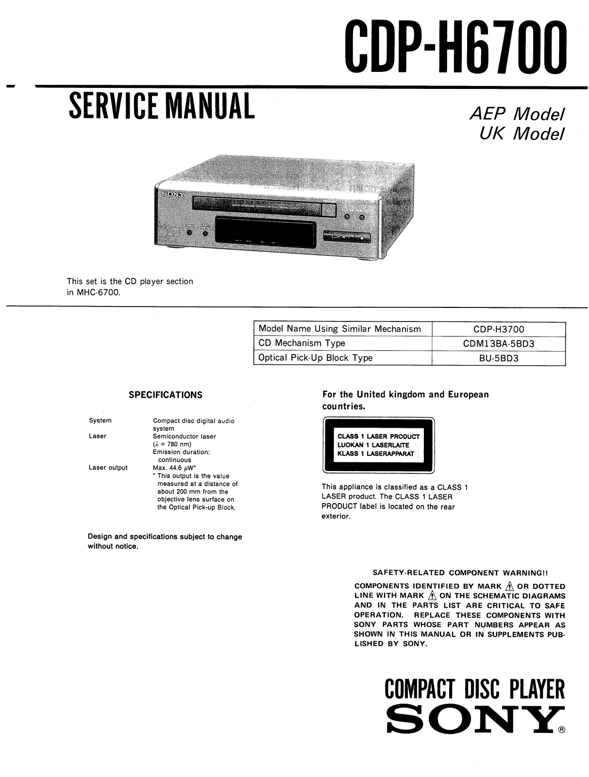 Sony CDPH-6700 Service manual