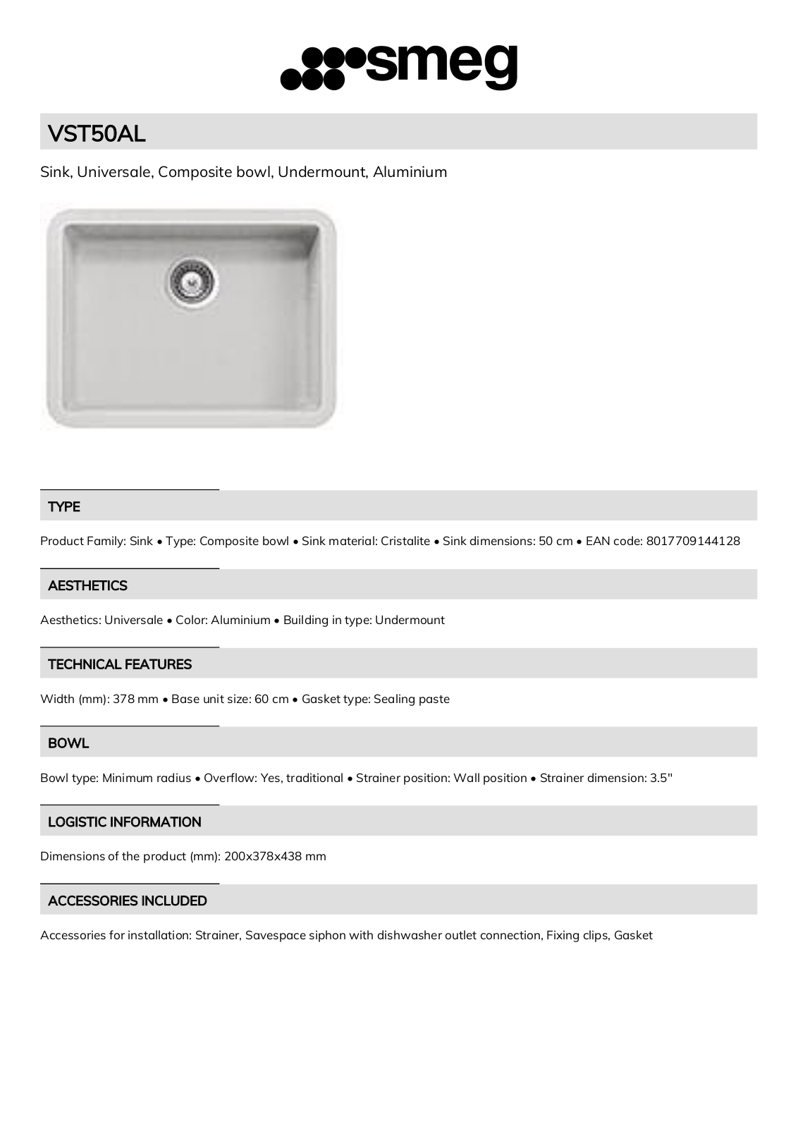 Smeg VST50AL Technical sheet