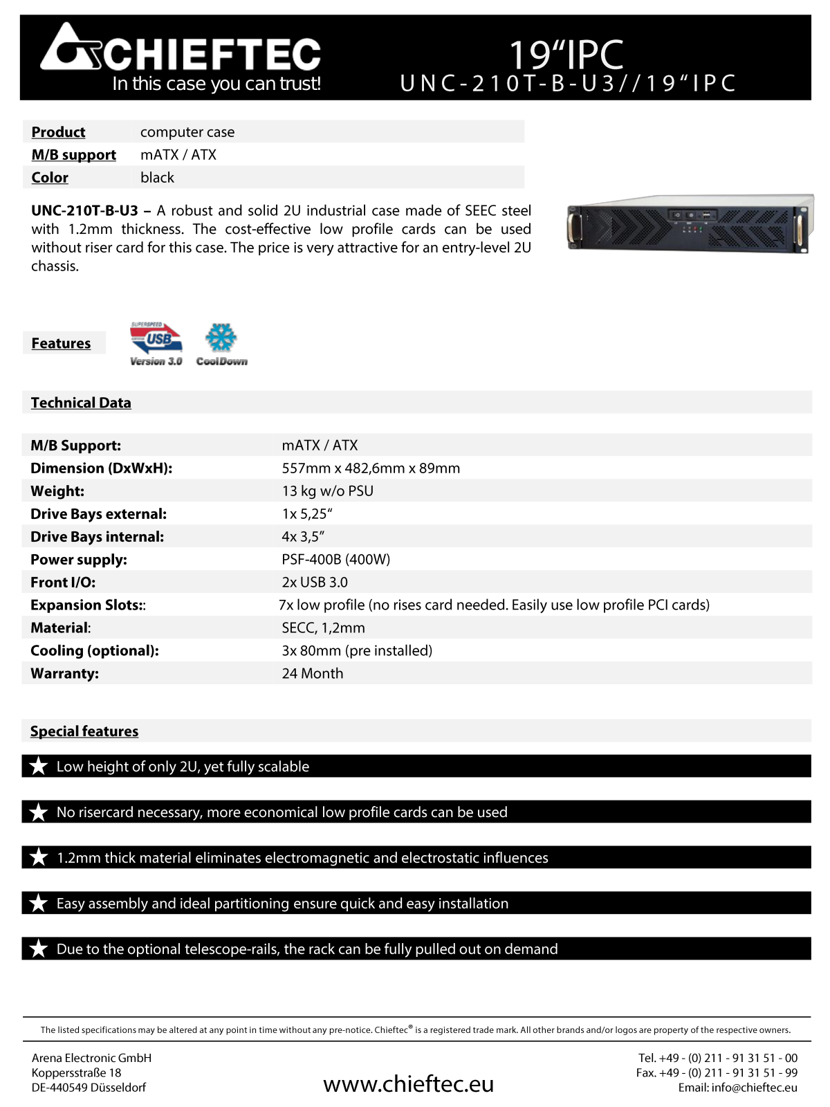 Chieftec UNC-210T-B-U3, 2U, 400W ATX User Manual