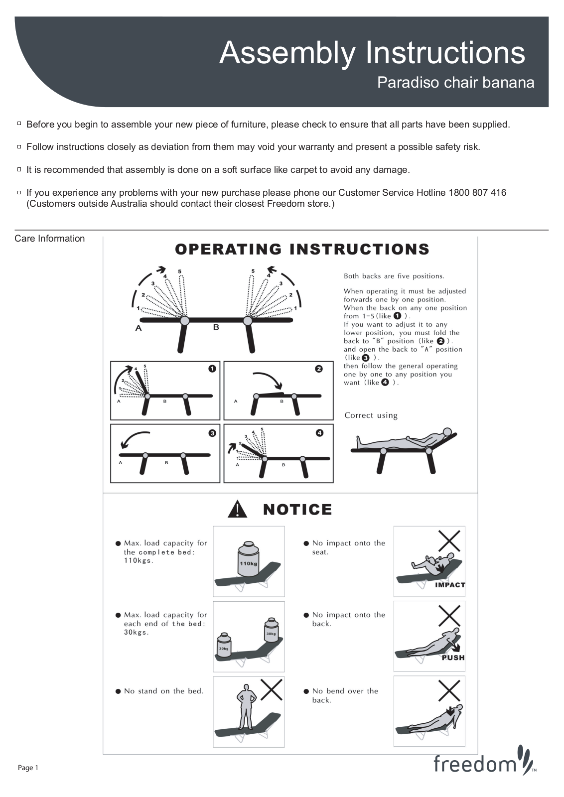 Freedom Paradiso Chair Banana Assembly Instruction