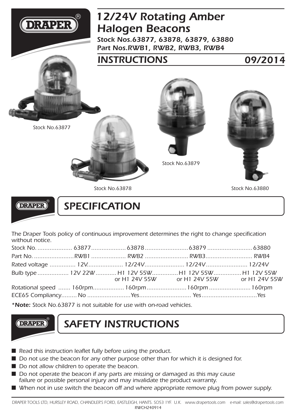 Draper RWB4 Instruction Booklet