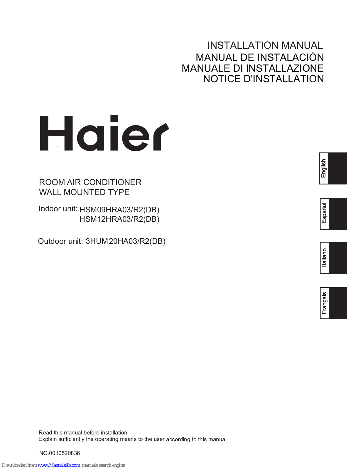 Haier HSM09HRA03/R2(DB), HSM12HRA03/R2(DB), 3HUM20HA03/R2(DB) Installation Manual