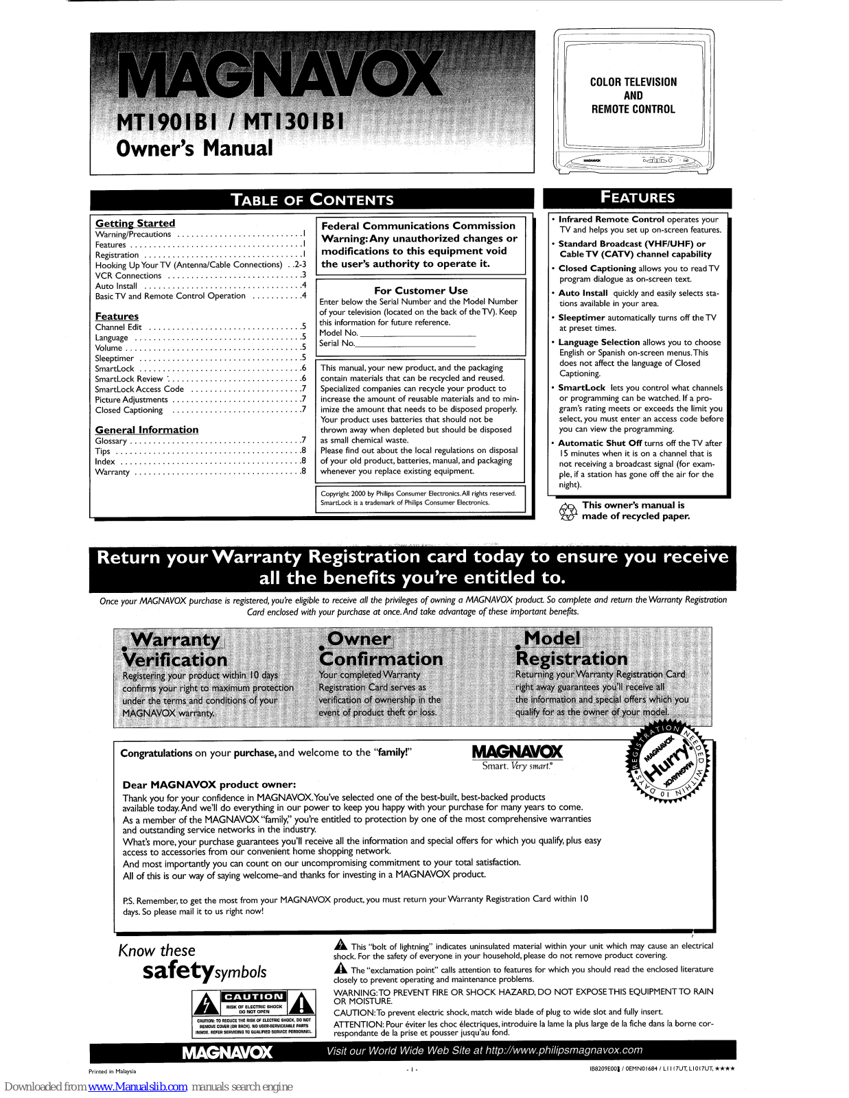 Magnavox MT1301B, MT1901B, MT1301B - 13 In Color Tv, MT1901B - 19 In Color Tv Owner's Manual