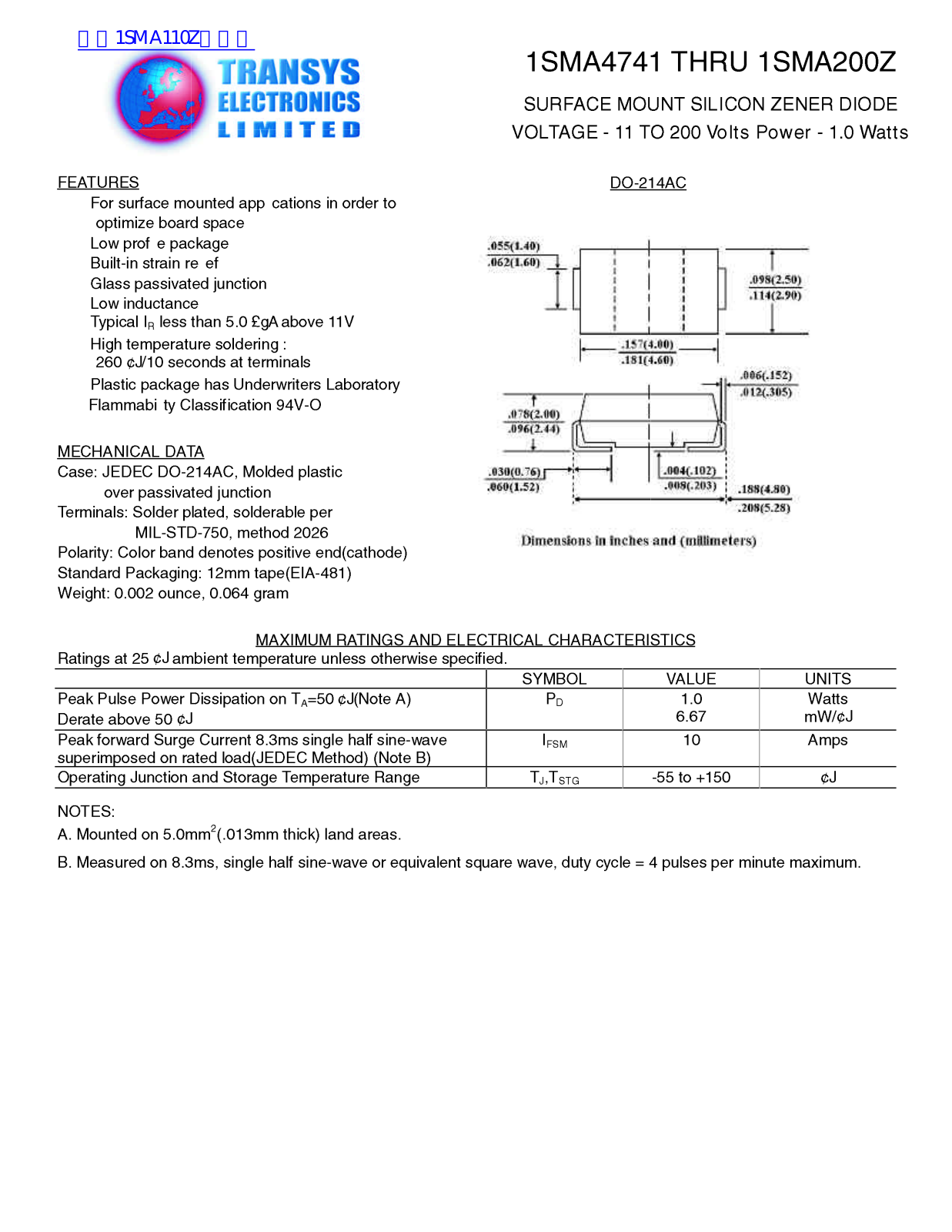 Transys Electronics 1SMA4741, 1SMA200Z Technical data