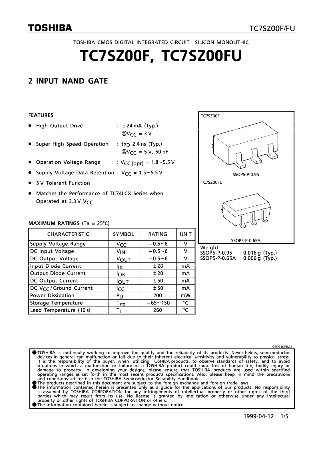 Toshiba TC7SZ00FU, TC7SZ00F Datasheet