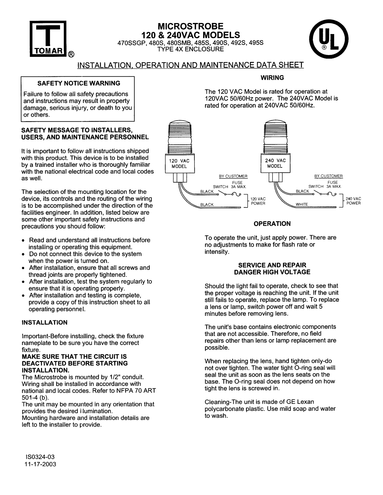 Tomar Electronics 470SSGP, 480S, 480SMB, 485S, 490S Instruction Sheet