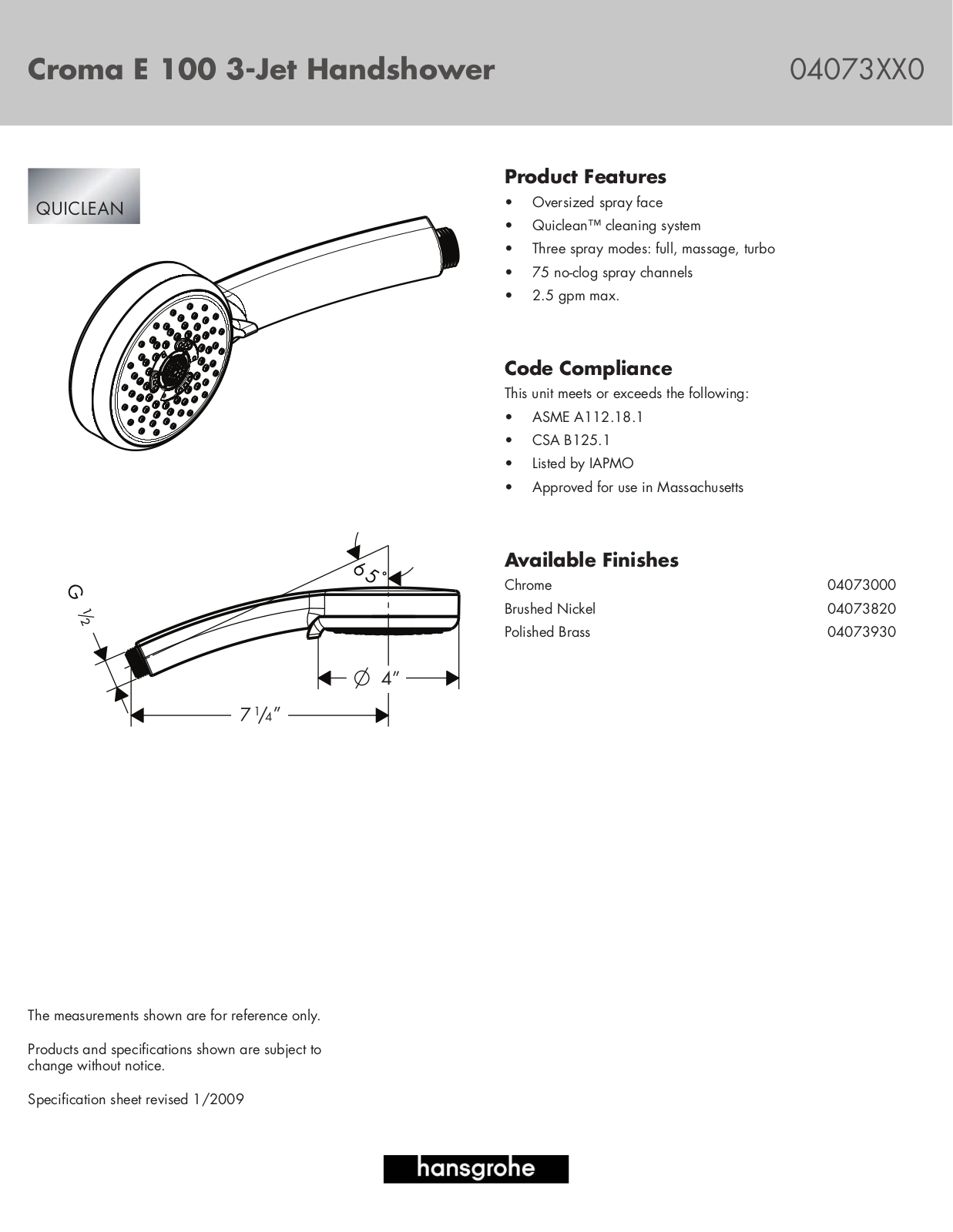 Hans Grohe 04073XX0 User Manual