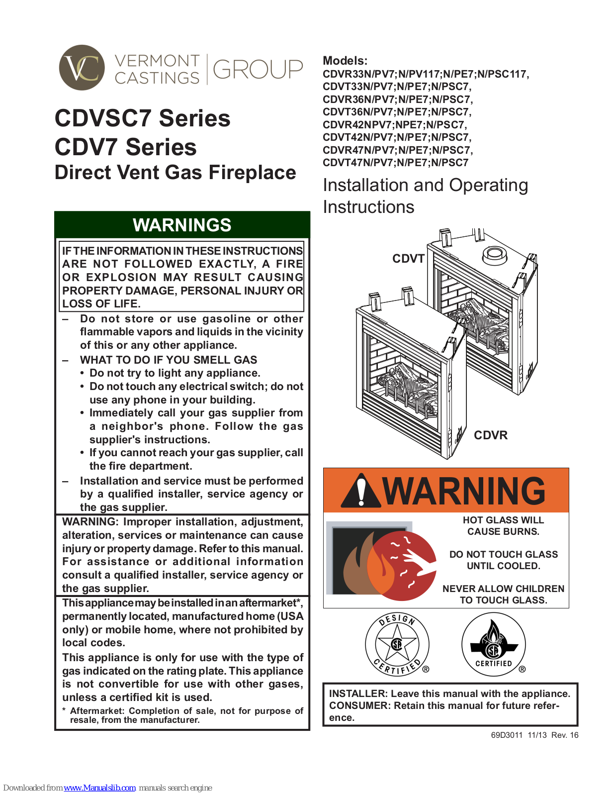 Vermont Castings CDVT33n, CDVR42npv7, CDVT36n, CDVR36n, CDVT42n Installation And Operating Instructions Manual