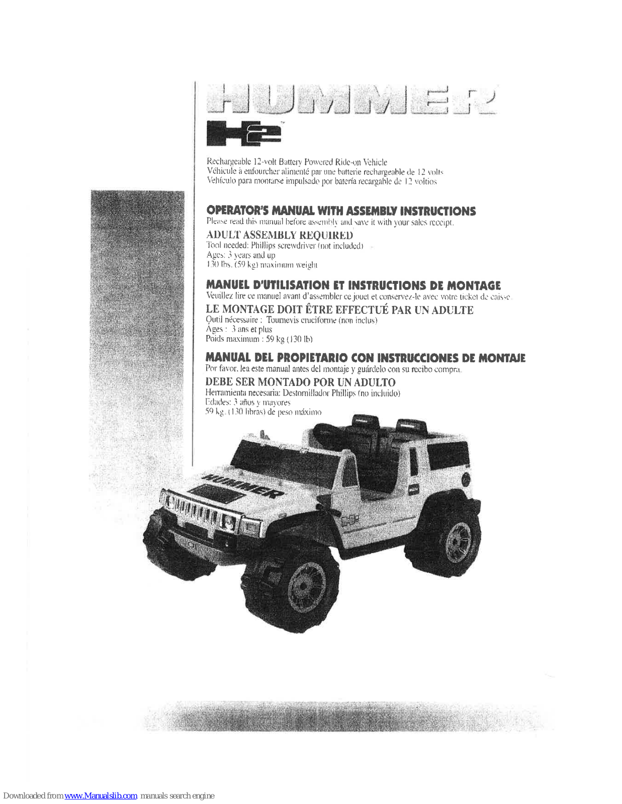 Little Tikes Hummer H2 451K, Hummer H2 451L, Hummer H2 451Z Operator's Manual With Assembly Instructions