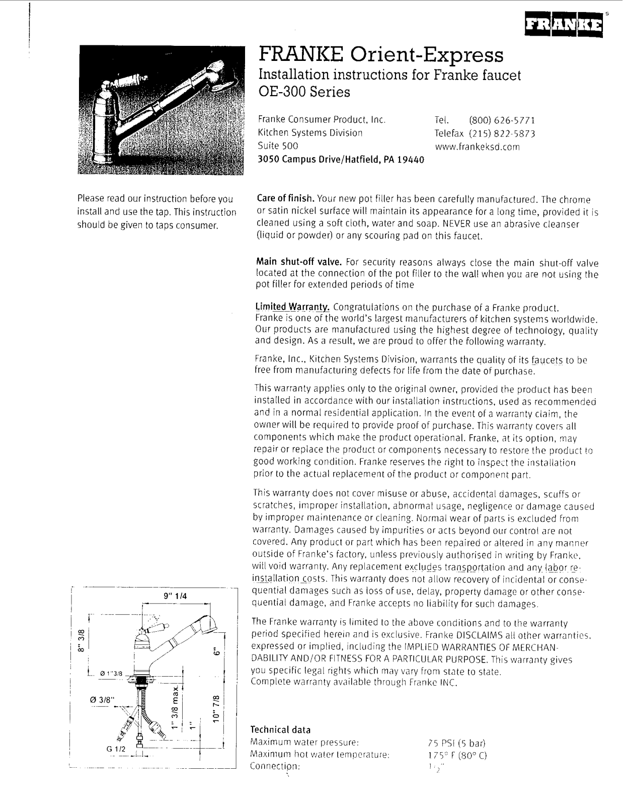 Franke Foodservice OE-300 Installation  Manual