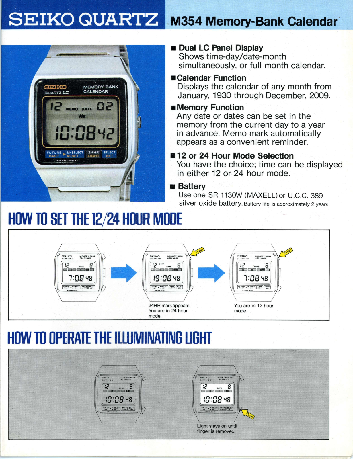 Seiko quartz M354 User Manual