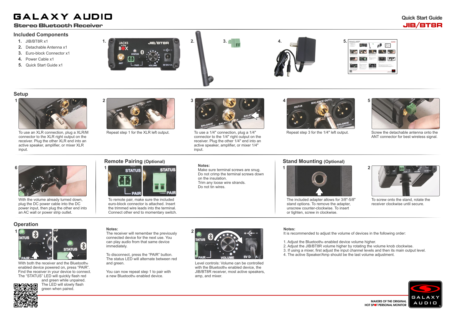 Galaxy Audio JIB/BT8R Quick Start Guide