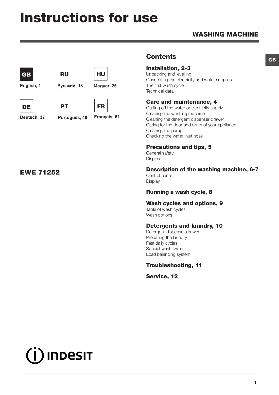 INDESIT EWE 71252 W EU User Manual