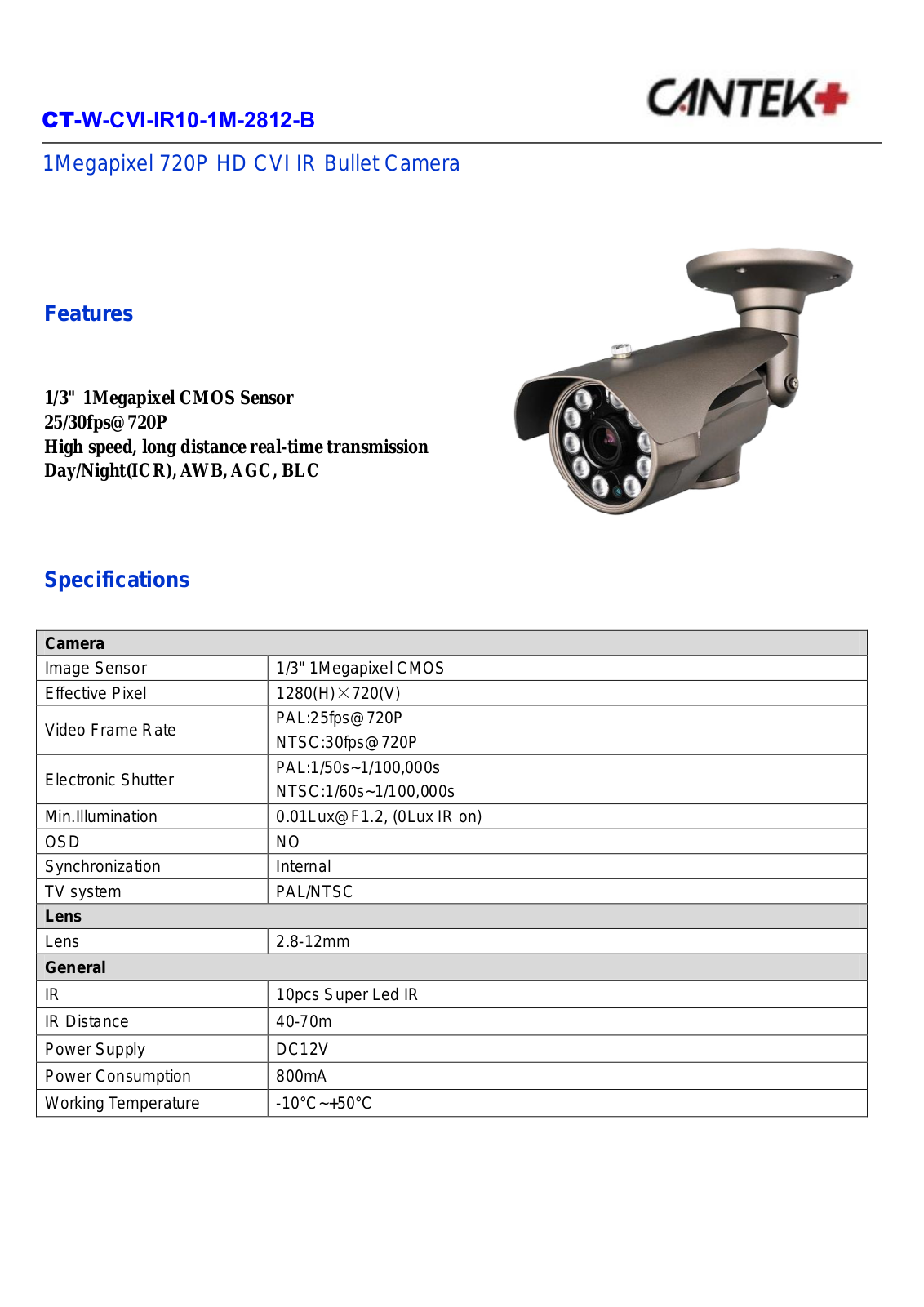 Cantek CT-W-CVI-IR10-1M-2812-B Specsheet