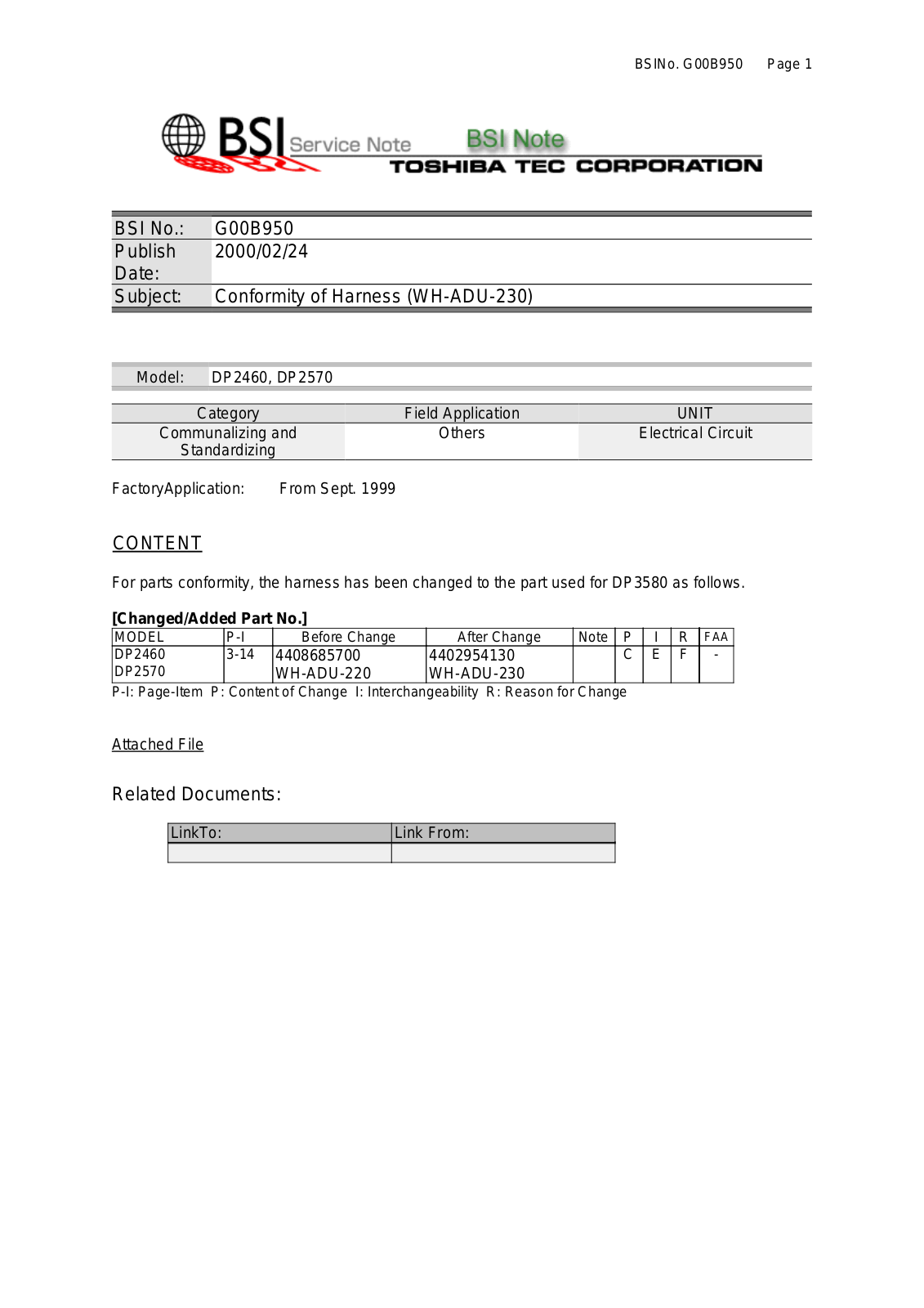 Toshiba g00b950 Service Note