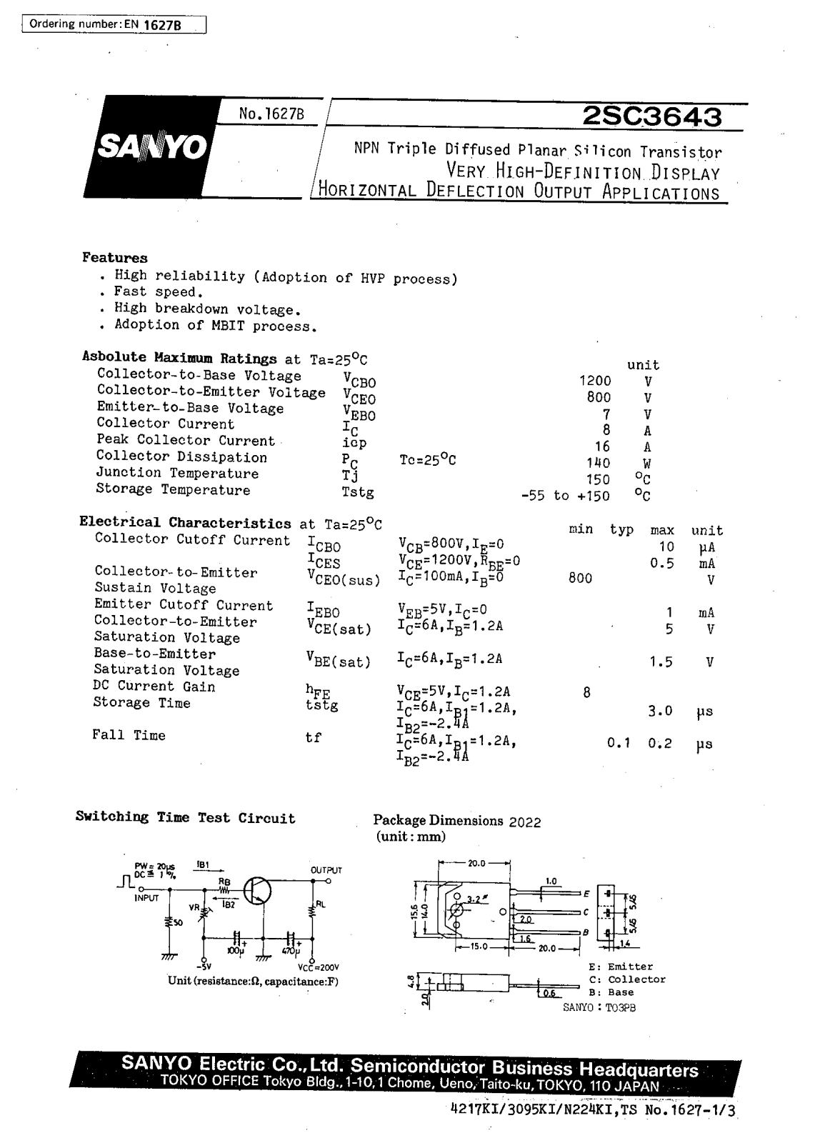 SANYO 2SC3643 Datasheet