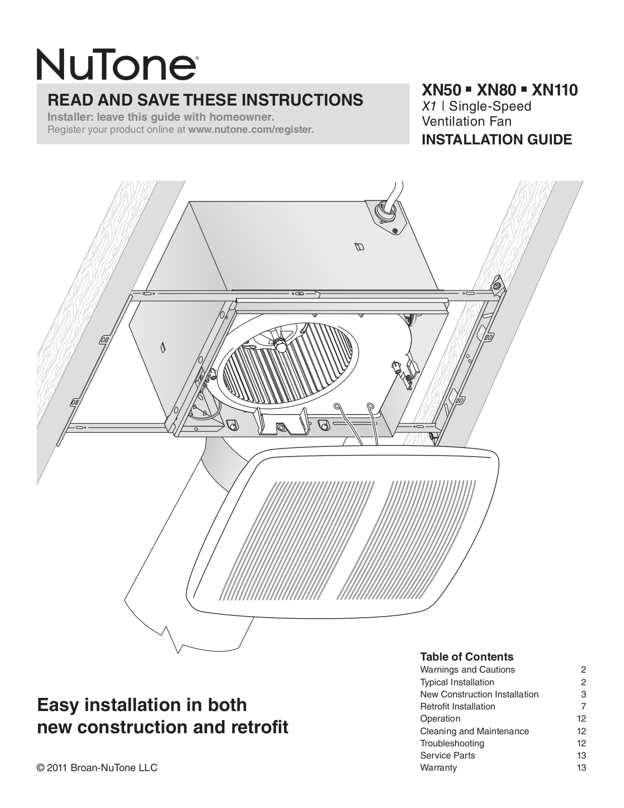 NuTone XN50, XN110, XN80 Quick Start Manual