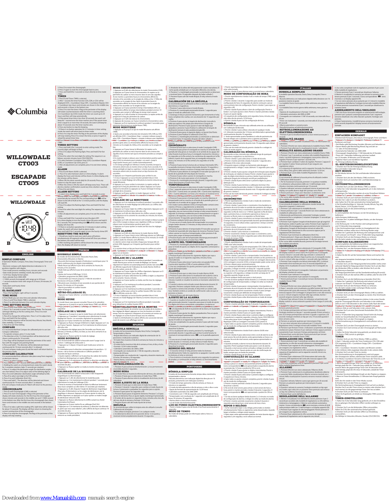 Columbia Willowdale CT003, Escapade CT005 Instructions Manual