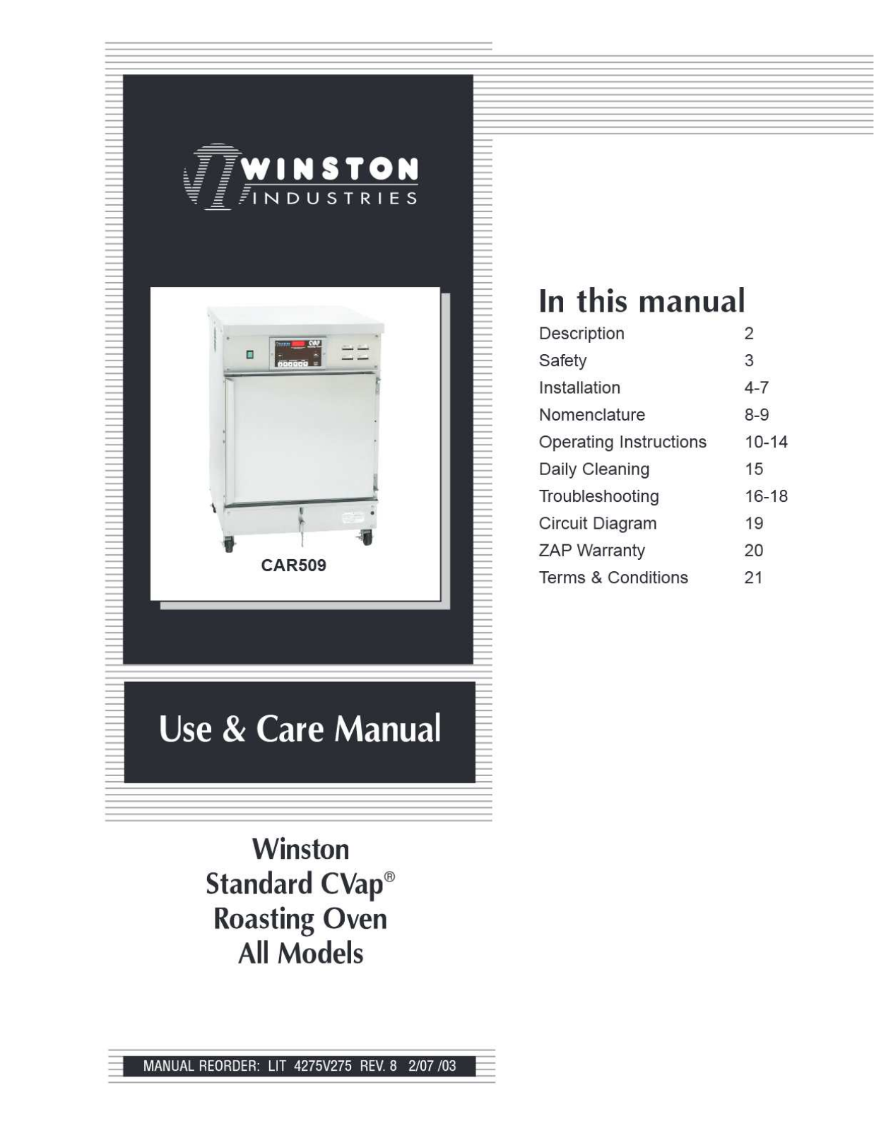 Winston CAR500 Operators Manual