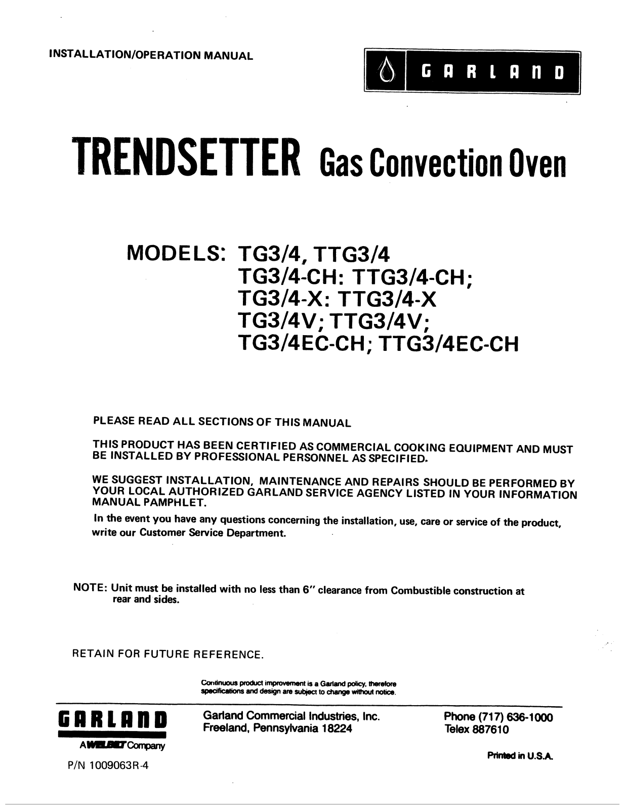 Garland TG3-4-CH, TG3-4-X, TTG3-4 User Manual