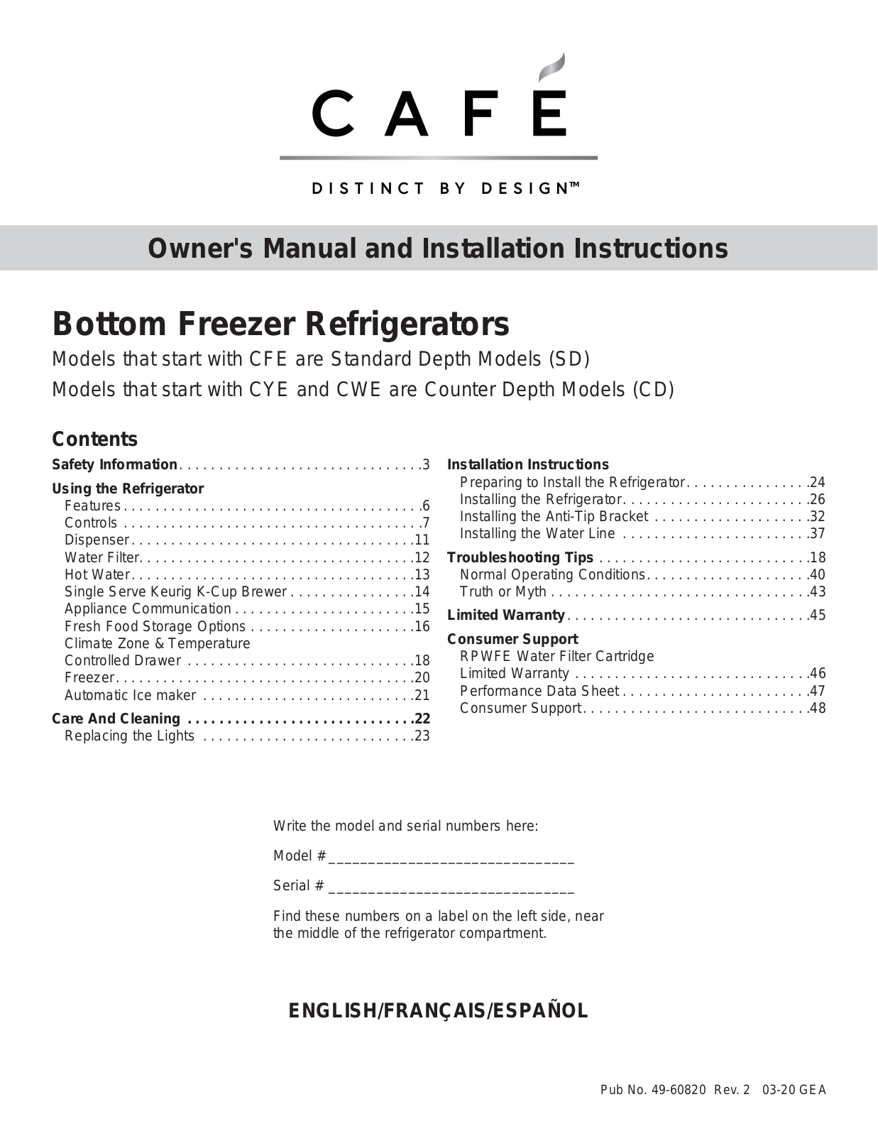 GE CFE28UP2MS1, CYE22TP2MS1, CYE22UP2MS1 Owner's Manual & Installation Guide