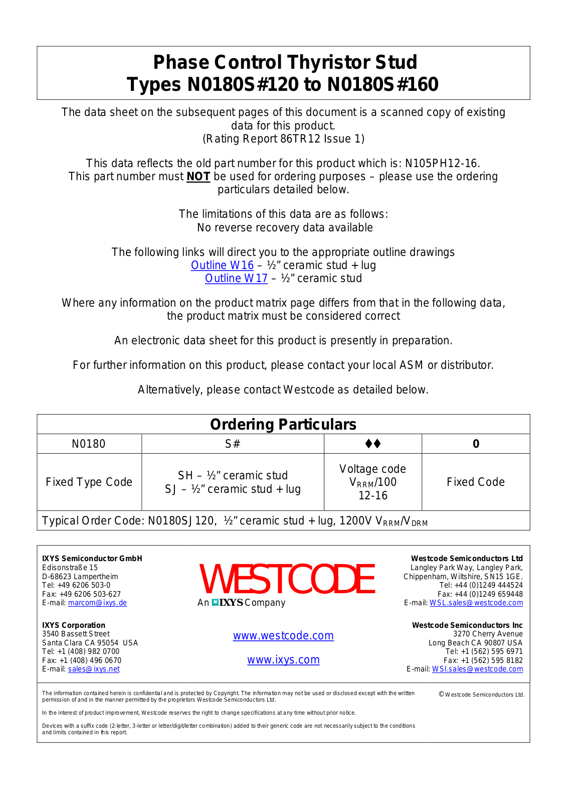 Westcode Semiconductors N0180S#120, N0180S#160 Data Sheet