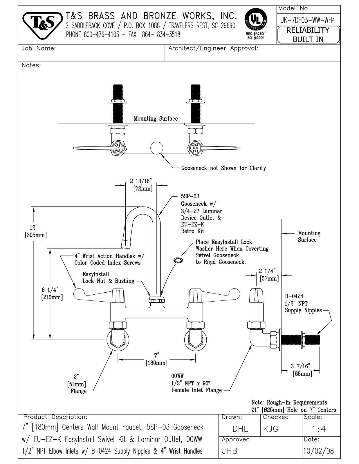 T&S Brass UK-7DF03-WW-WH4 User Manual