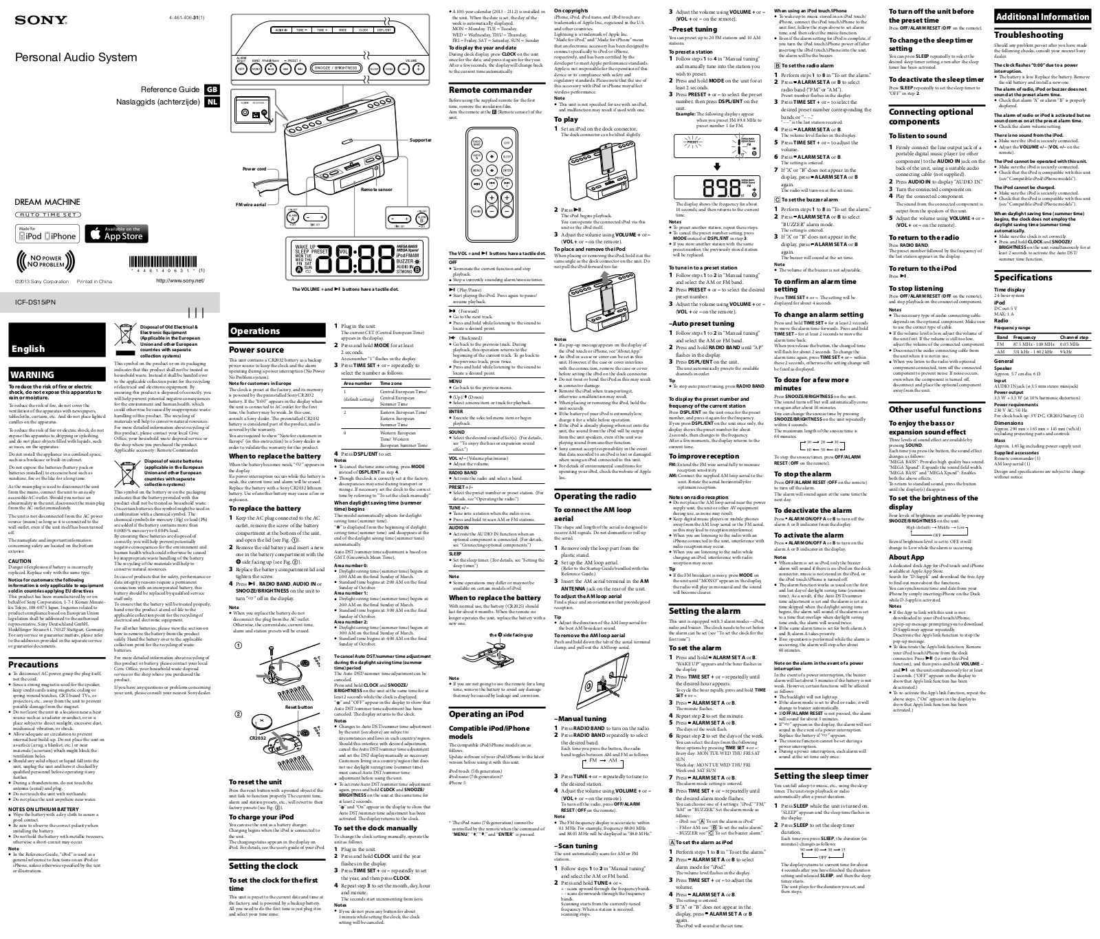 Sony Personal Audio System Operation Manual