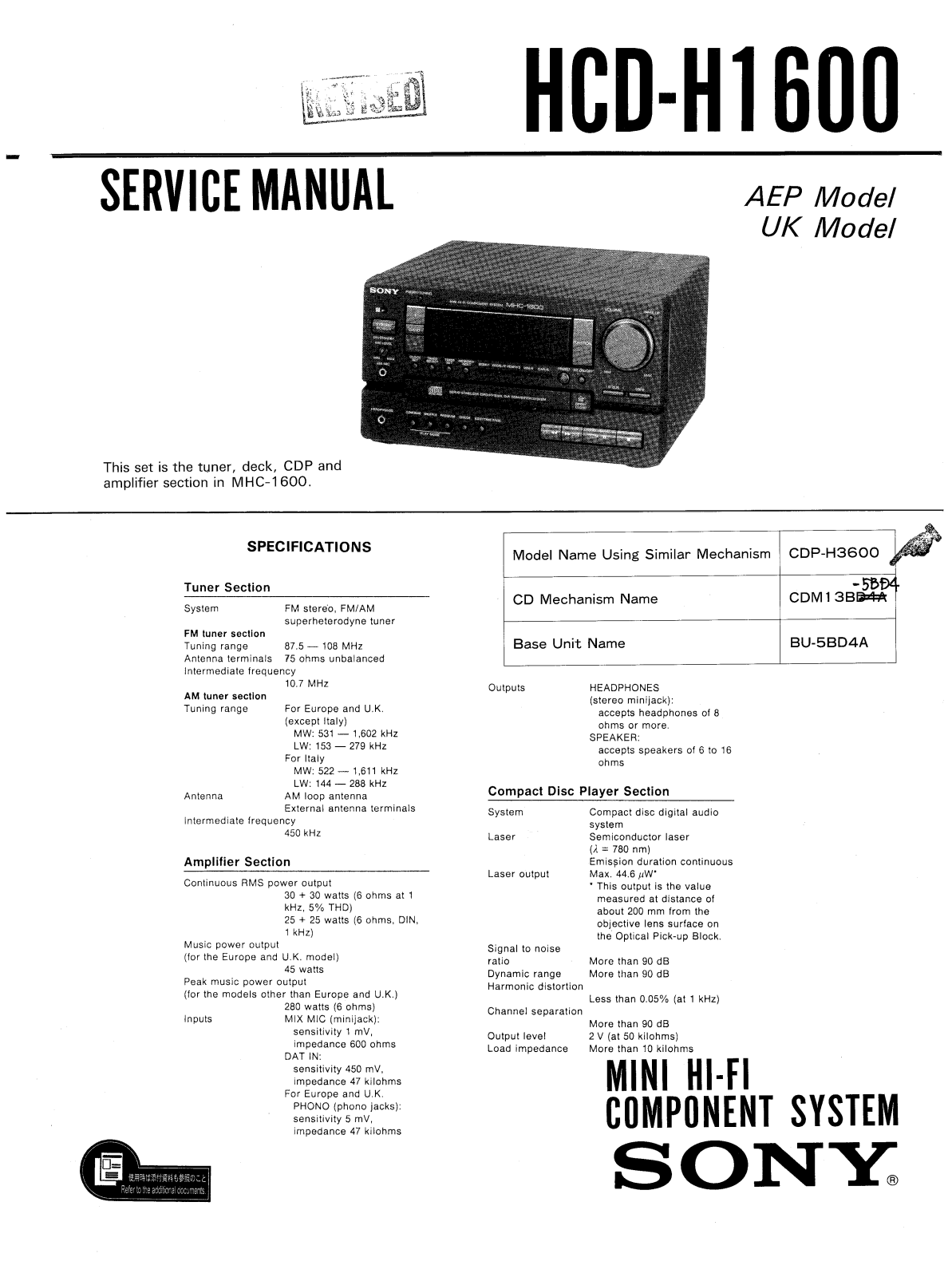 Sony HCDH-1600 Service manual