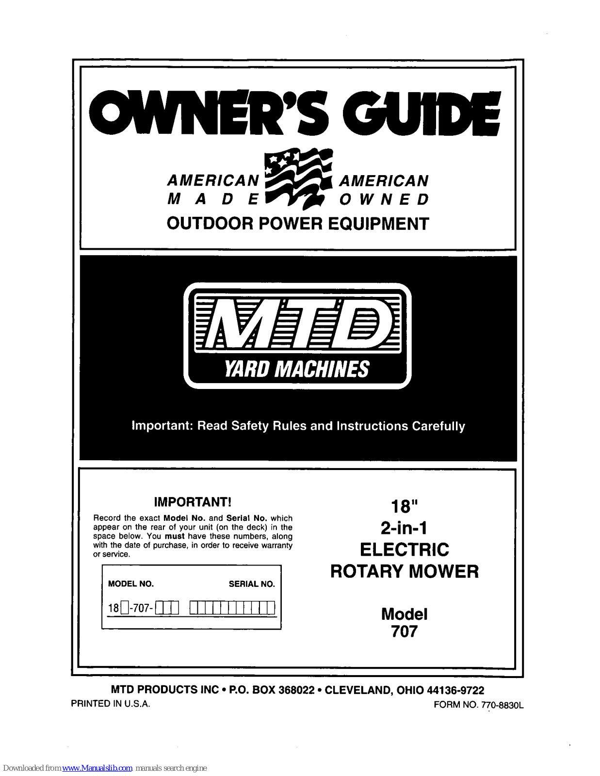 MTD Yard Machines 707 Owner's Manual