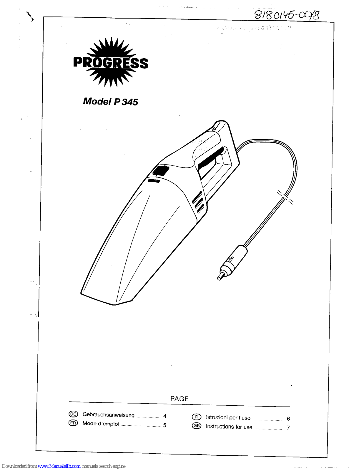 Progress U145, P145 Instructions For Use Manual