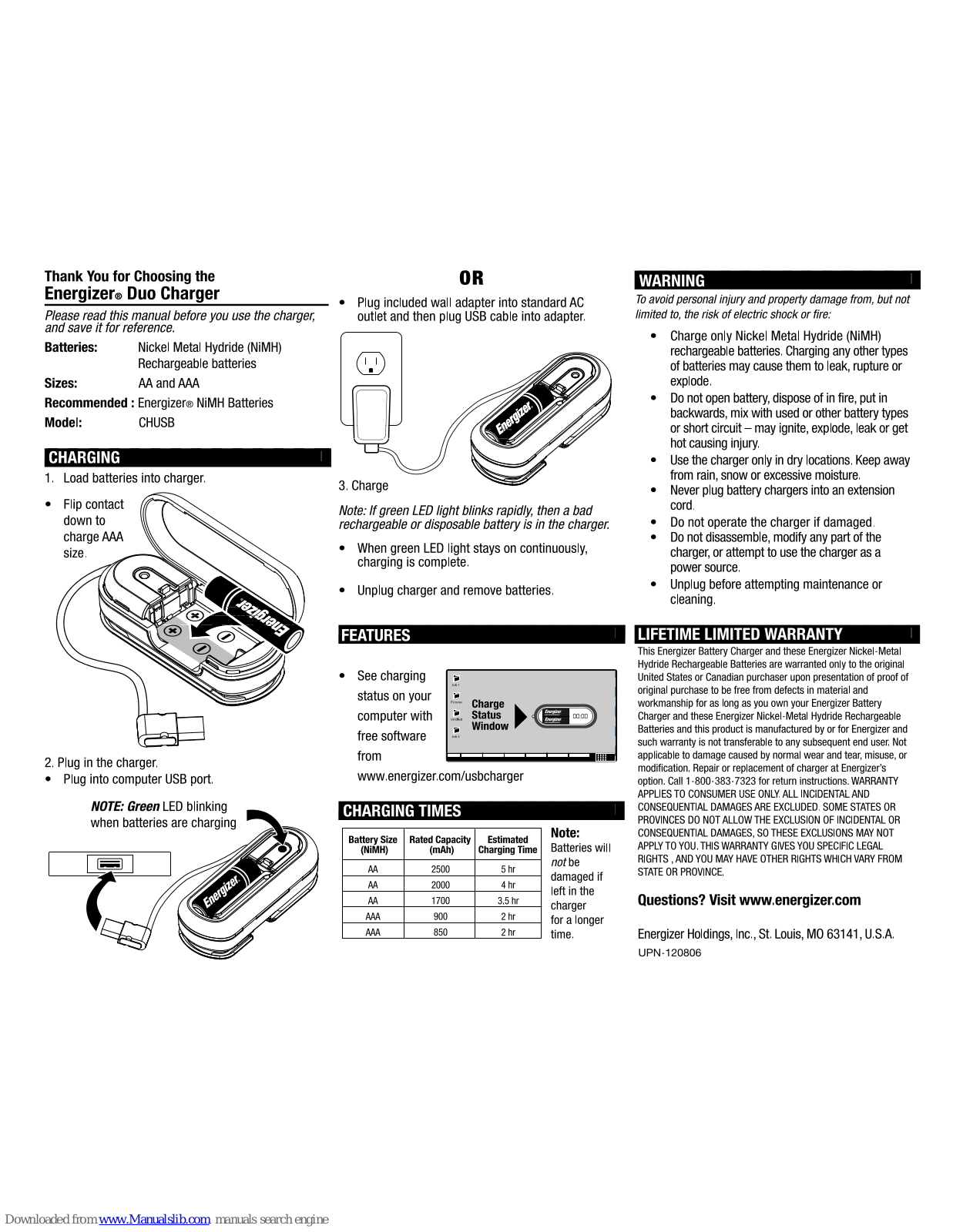 Energizer Duo Charger CHUSB Quick Manual