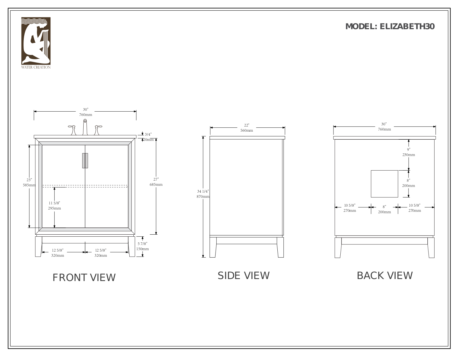 Water Creation VEL030CWCG23, VEL030CWMB33, VEL030CWPW01, VEL030CWCG08, VEL030CWCG01 Specifications