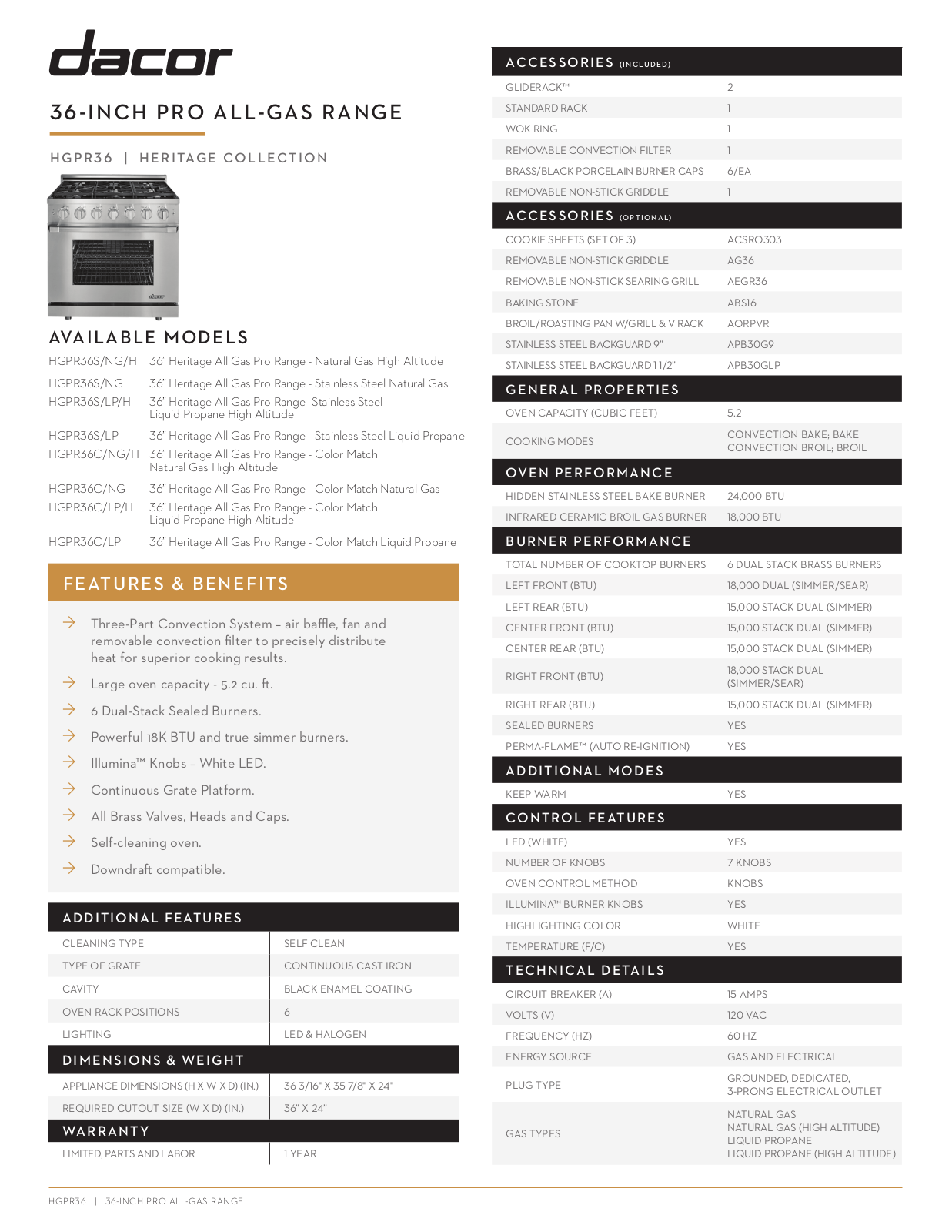 Dacor HGPR36CLPH Specifications