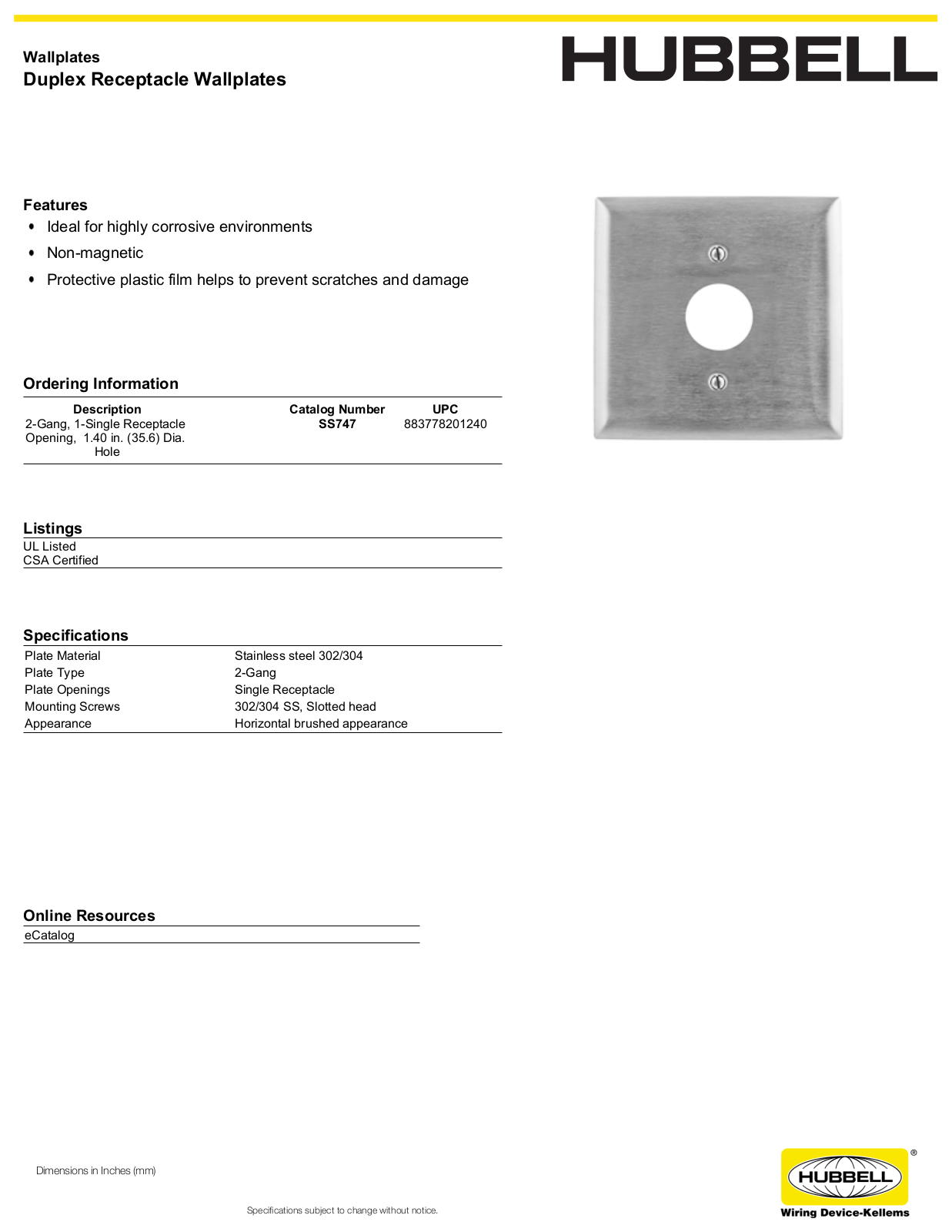 Hubbell SS747 Specifications