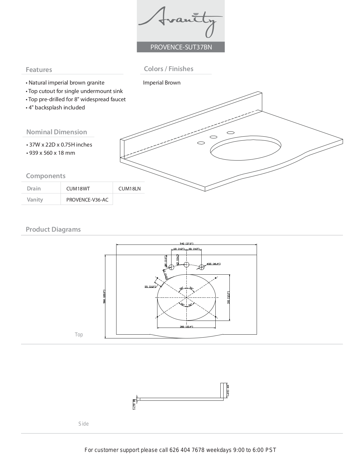 Avanity PROVENCESUT37BN Specifications