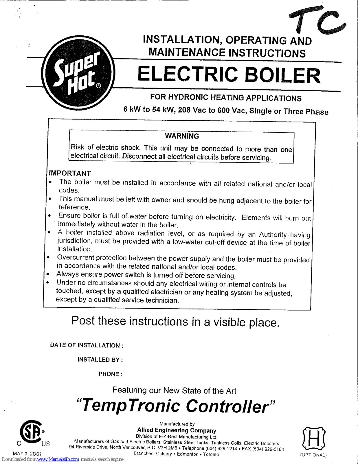 Super Hot 6TC, 9TC, 18TC, 20TC, 12TC Installation, Operating And Maintenance Instructions