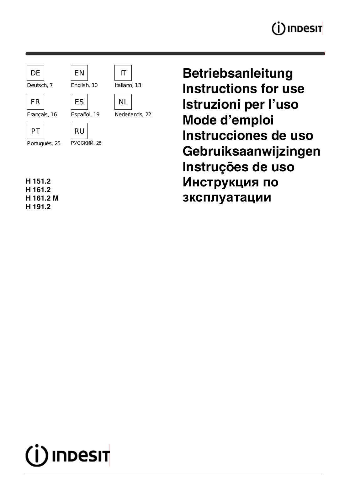 Indesit H 161 2 BK UK, H 161 2 IX UK, H 161 2 WH UK Instruction manual