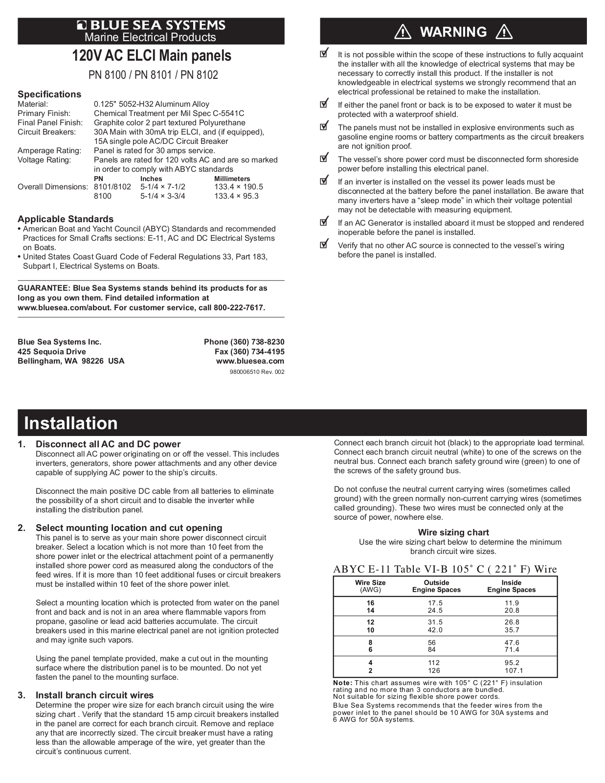 Blue Sea Systems 120 V Ac ELCI MAin Panels User Manual