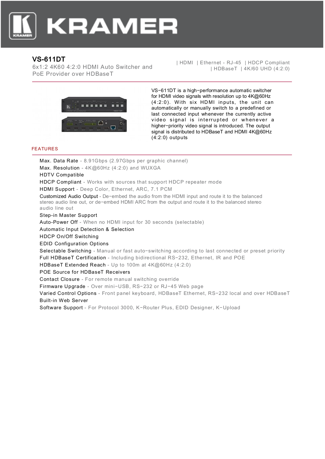 Kramer VS-611DT Datasheet