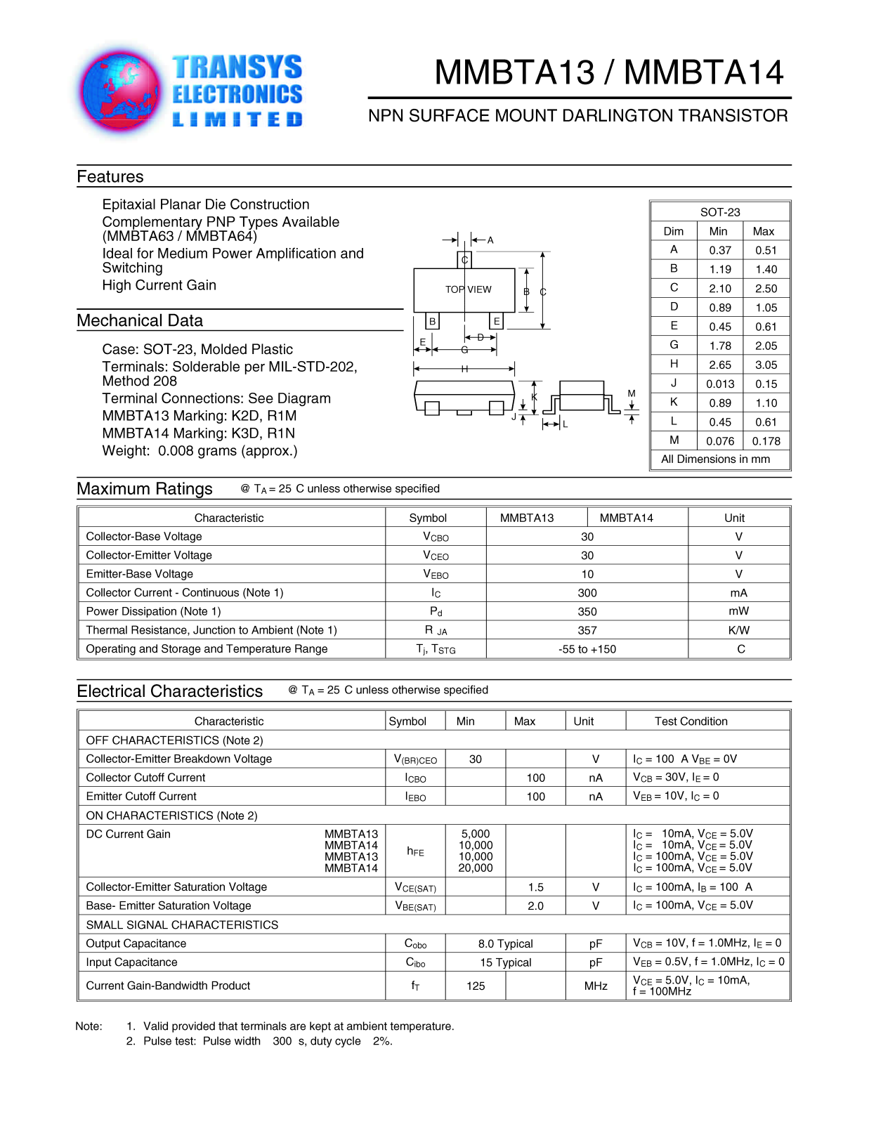 TEL MMBTA13, MMBTA14 Datasheet