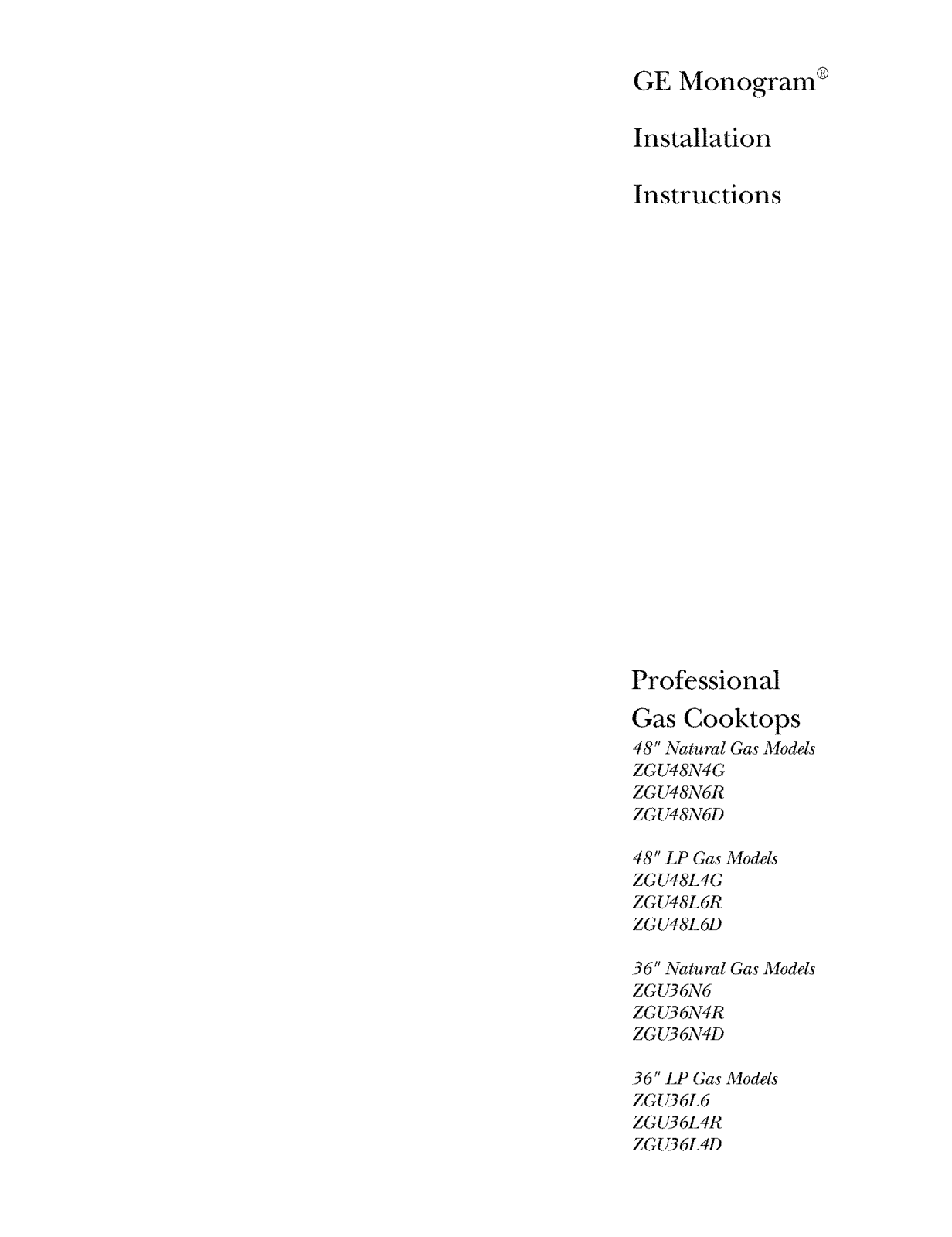 GE ZGU36L4DD1SS, ZGU36L4RD2SS, ZGU36N4DD1SS, ZGU36N4RD2SS, ZGU48L4GD2SS Installation Guide - ManualMachine.com
