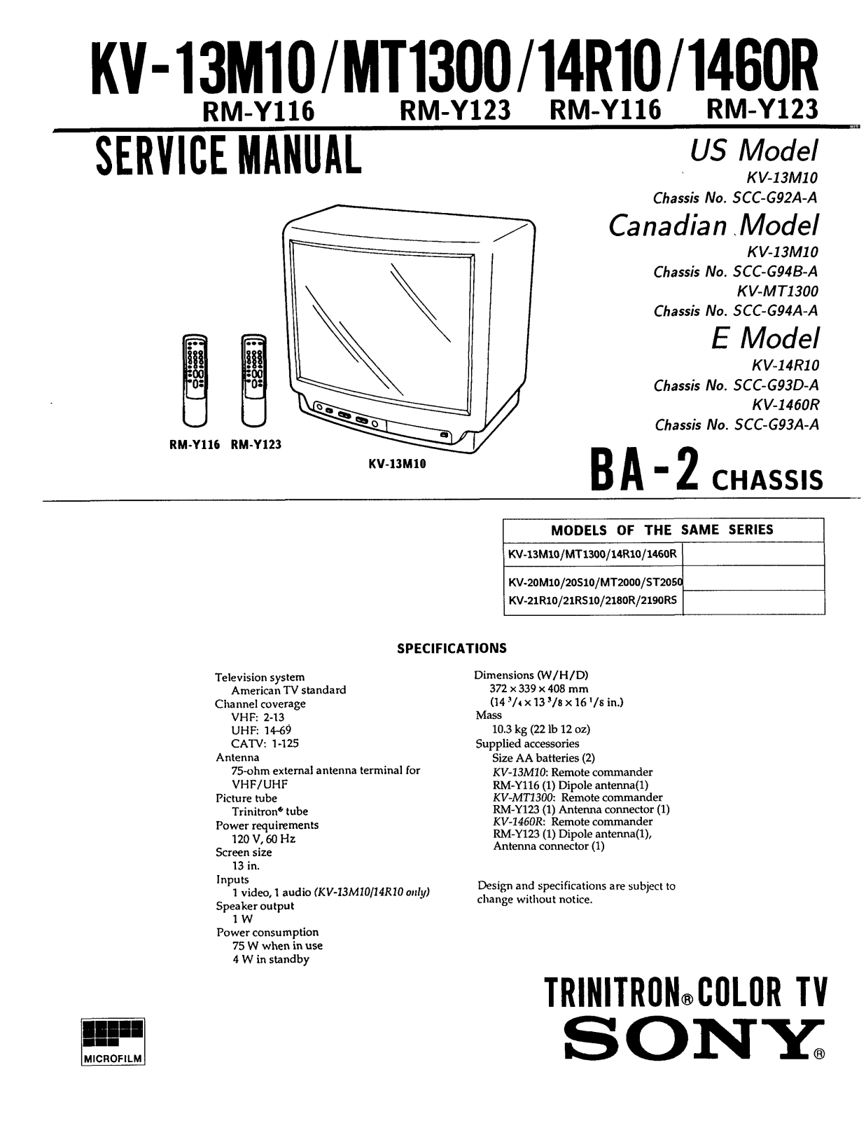 SONY KV-1401, KV-1421, KV-1451, KV-1400, KV-2100 Service Manual
