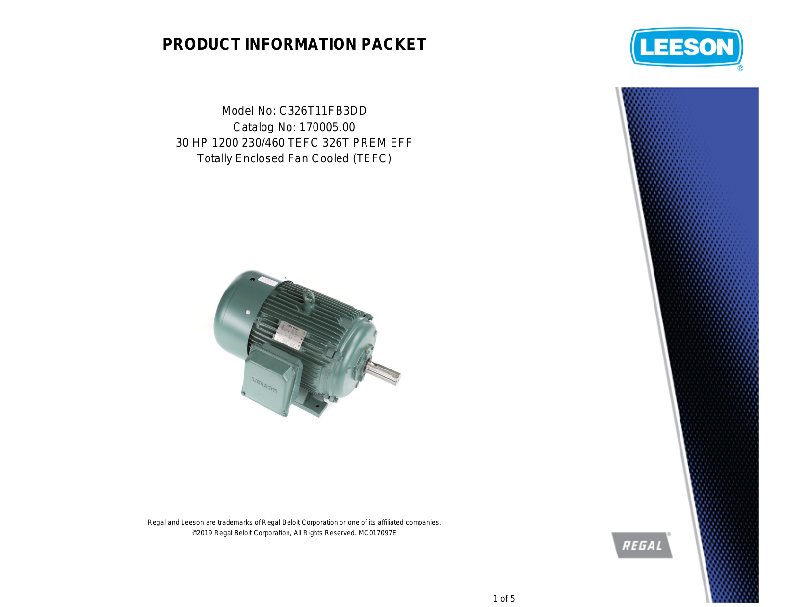 Leeson 170005.00 PRODUCT INFORMATION PACKET