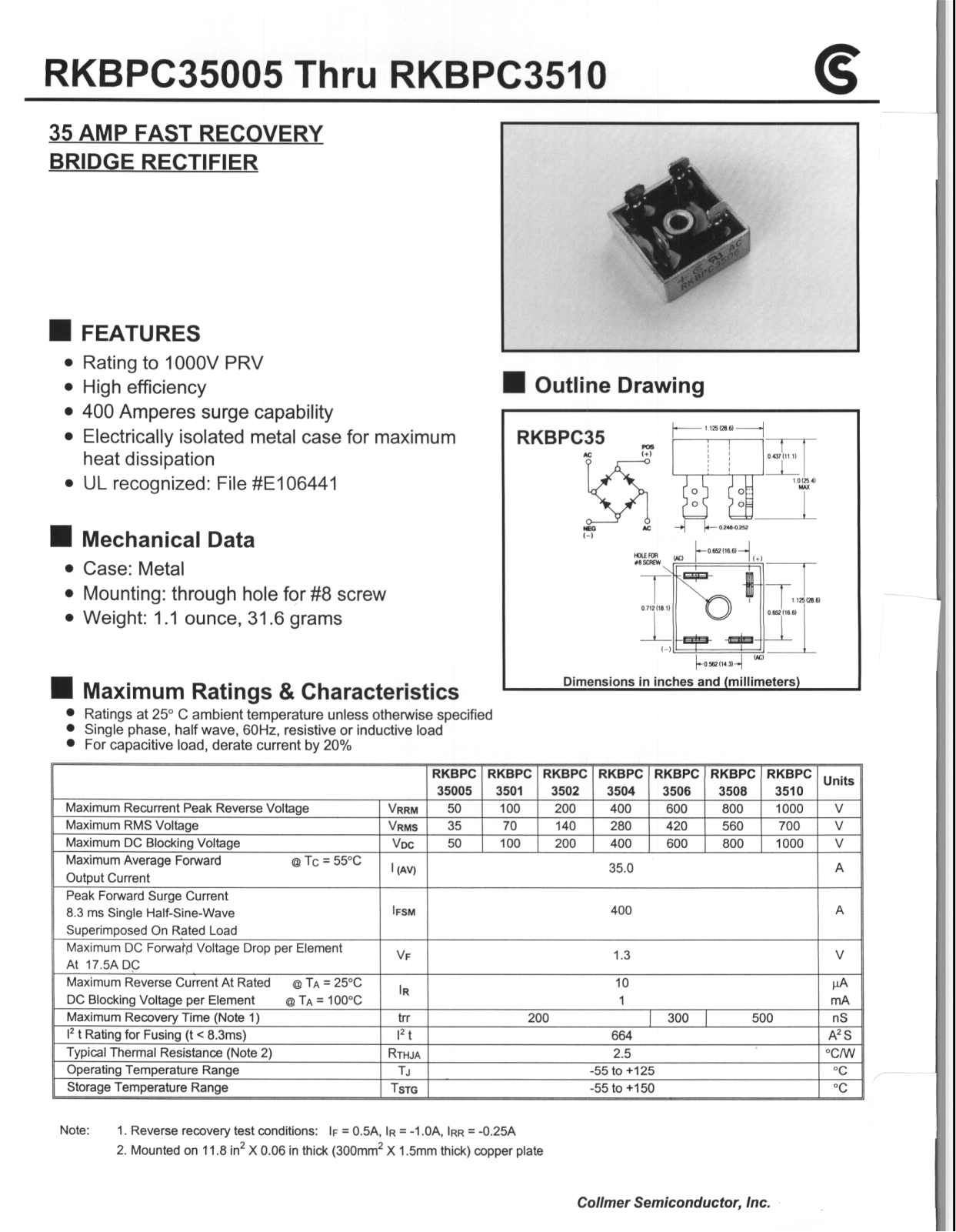 CALLMER RKBPC35005, RKBPC3501, RKBPC3502, RKBPC3504, RKBPC3506 Datasheet