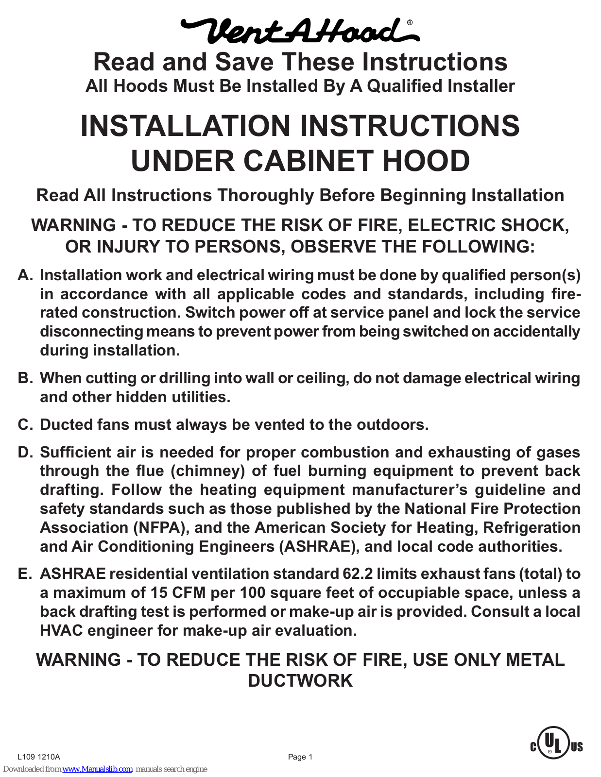 Vent-a-Hood UNDER CABINET HOOD, B200 Dual Installation Instructions Manual